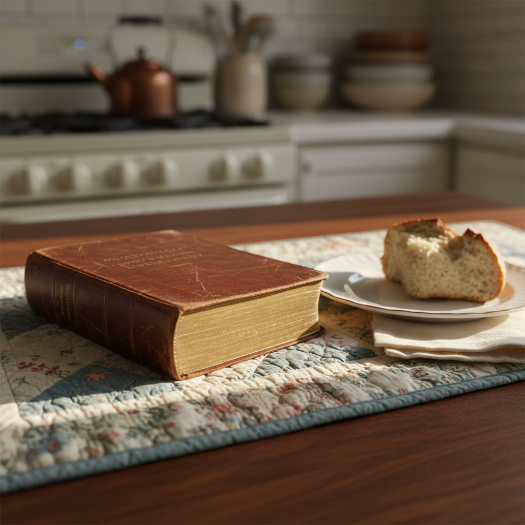 A close-up of a well-loved leather Bible resting on a quilted table runner atop a walnut kitchen table, its pages slightly curled and edges softly worn. A delicate porcelain plate with a half-eaten slice of homemade bread sits beside it, with a linen napkin folded neatly underneath. Morning light filters through an unseen window, creating a diffused glow and soft highlights on the leather texture and gilt page edges. The background fades into gentle bokeh of a cozy kitchen, with hints of a kettle and stacked stoneware. Photographic realism, composed with the rule of thirds, evoking a sense of quiet, generational wisdom and unhurried devotion.