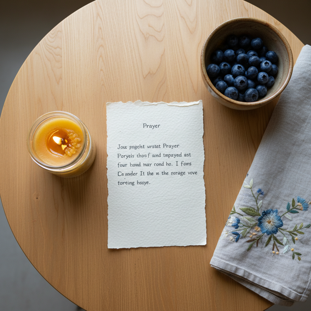 An overhead photographic view of a simple, handwritten prayer on a torn page of cream stationery, placed at the center of a round maple kitchen table. Around it rest a lit beeswax candle in a glass jar, a small pottery bowl of plump blueberries, and a folded, hand-embroidered cotton tea towel. Soft, overcast daylight drifts in from above, creating even, gentle lighting with minimal shadows, emphasizing texture in the paper fibers and wood grain. The composition is minimalist yet warm, with a serene, contemplative mood that reflects carrying prayer into everyday routines and ordinary moments.