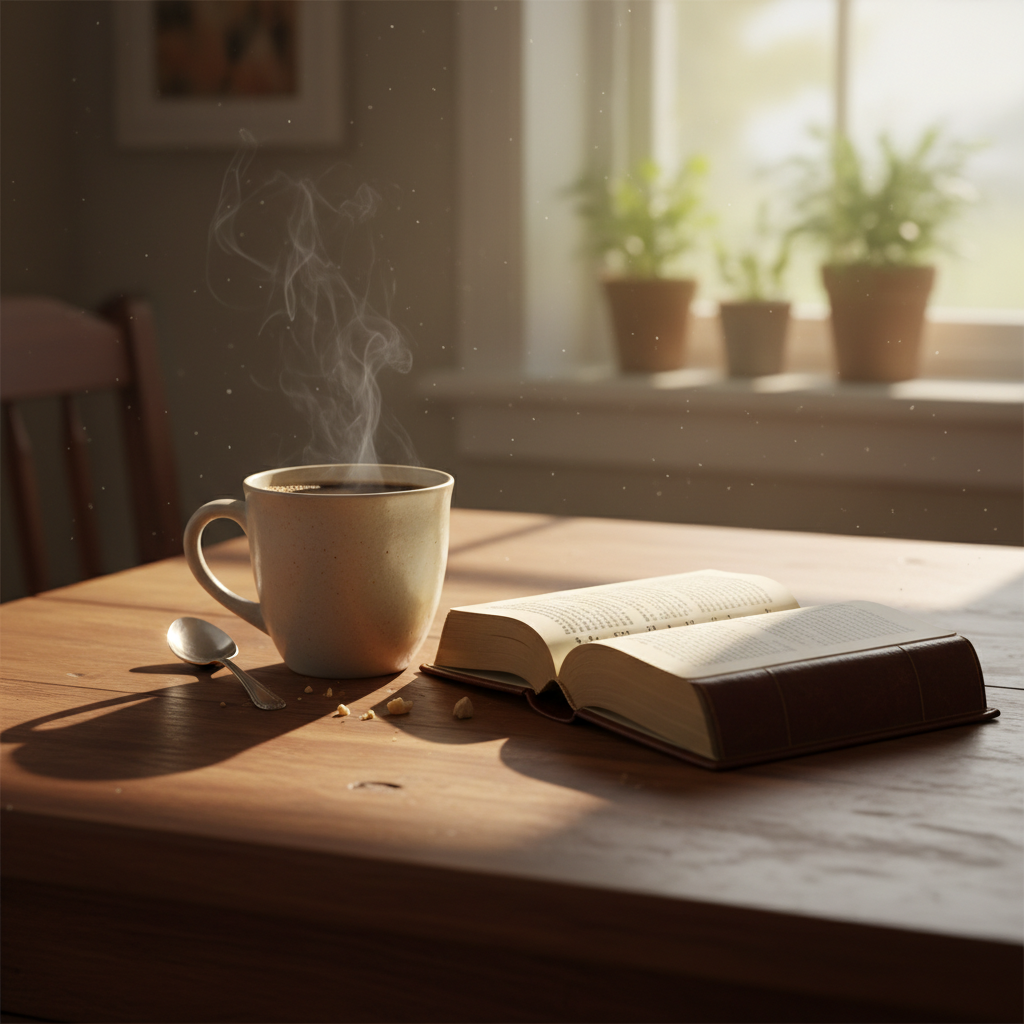 A cozy, softly lit scene showing a cup of coffee and an open English prayer book resting on the corner of a wooden kitchen table. The mood is calm and reflective, with warm, gentle light and no visible text details on the page, just the suggestion of English lines.